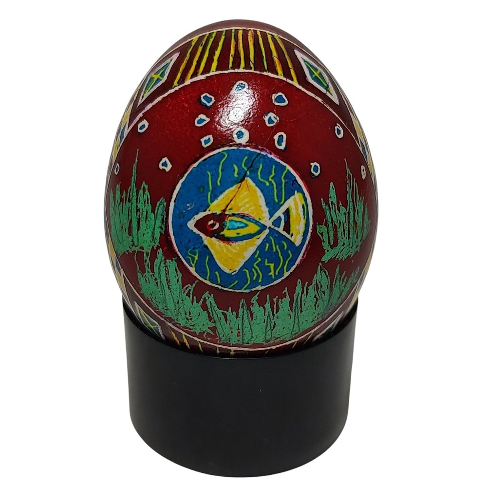 Real Ukrainian Chicken Egg Hand Painted Easter Egg with Stand Signed BA Torsky‎